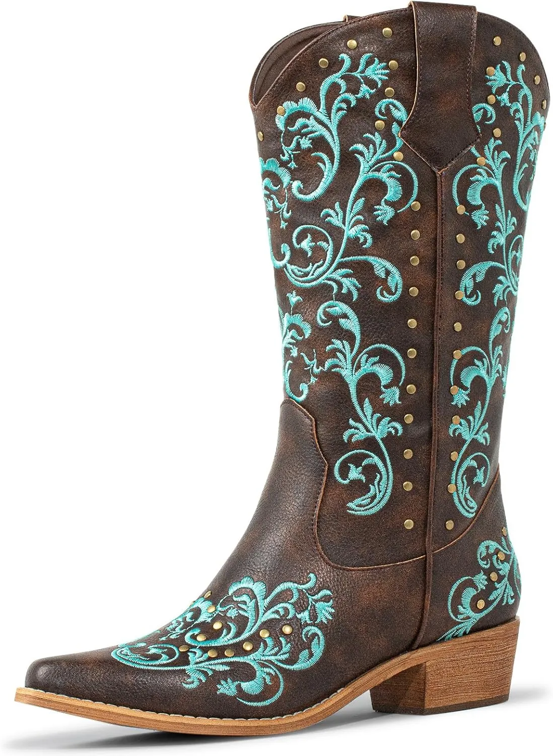 SheSole Women's Cowboy Boots Fashion Floral Embroidered Studed Style Wide Calf Cowgirl Boot Snip Toe