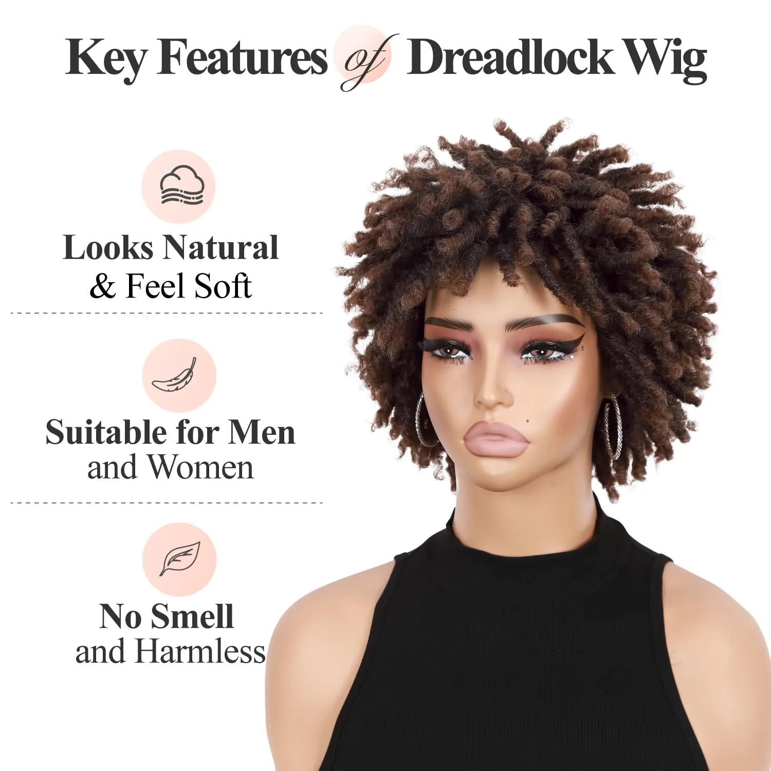 Short Dreadlock Wig Twist Braids Wigs Dreadlock Wig for Black Women and Men Ombre Brown African American Twist Braiding Synthetic Wig 1B 30
