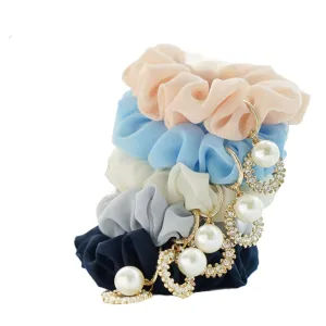 Silk Scrunchies5Pcs Chiffon Fabric Art Hair Ring Female Pearl Rhinestone Pendant Large Intestine Hair Ring