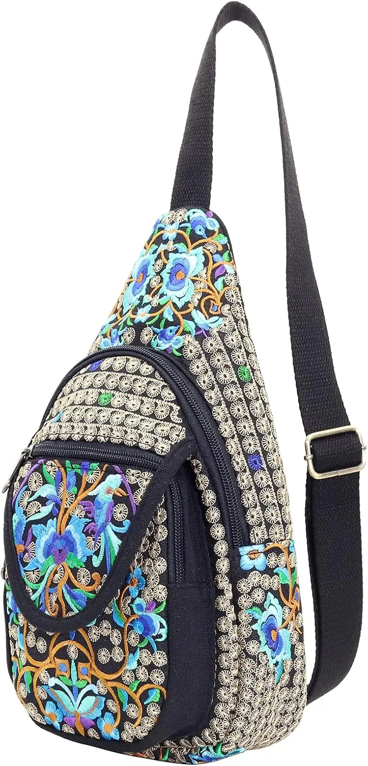 SILKAREA Embroidered Boho Small Sling Bag for Women Travel Chest Bag Crossbody Backpack Purse Shoulder Bag (Blue)