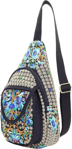 SILKAREA Embroidered Boho Small Sling Bag for Women Travel Chest Bag Crossbody Backpack Purse Shoulder Bag (Blue)
