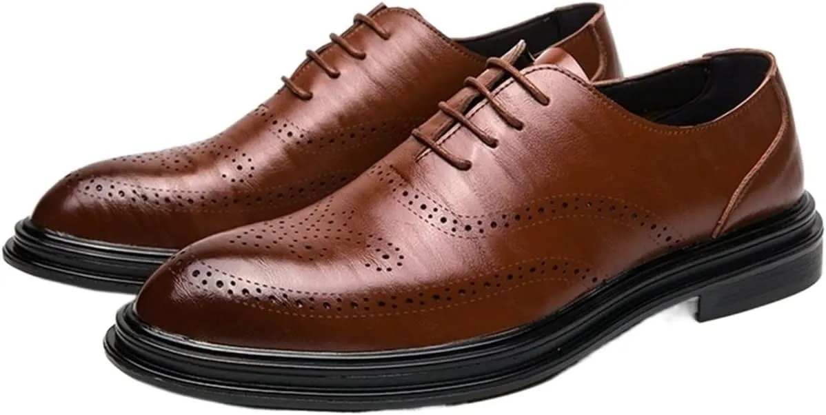 Single Season Dress Shoes for Men Lace Up Brogue Embossed Breathable Shoes Vegan Leather Slip Resistant Rubber Sole Block Heel Non Slip Prom Very Popular Among Young People
