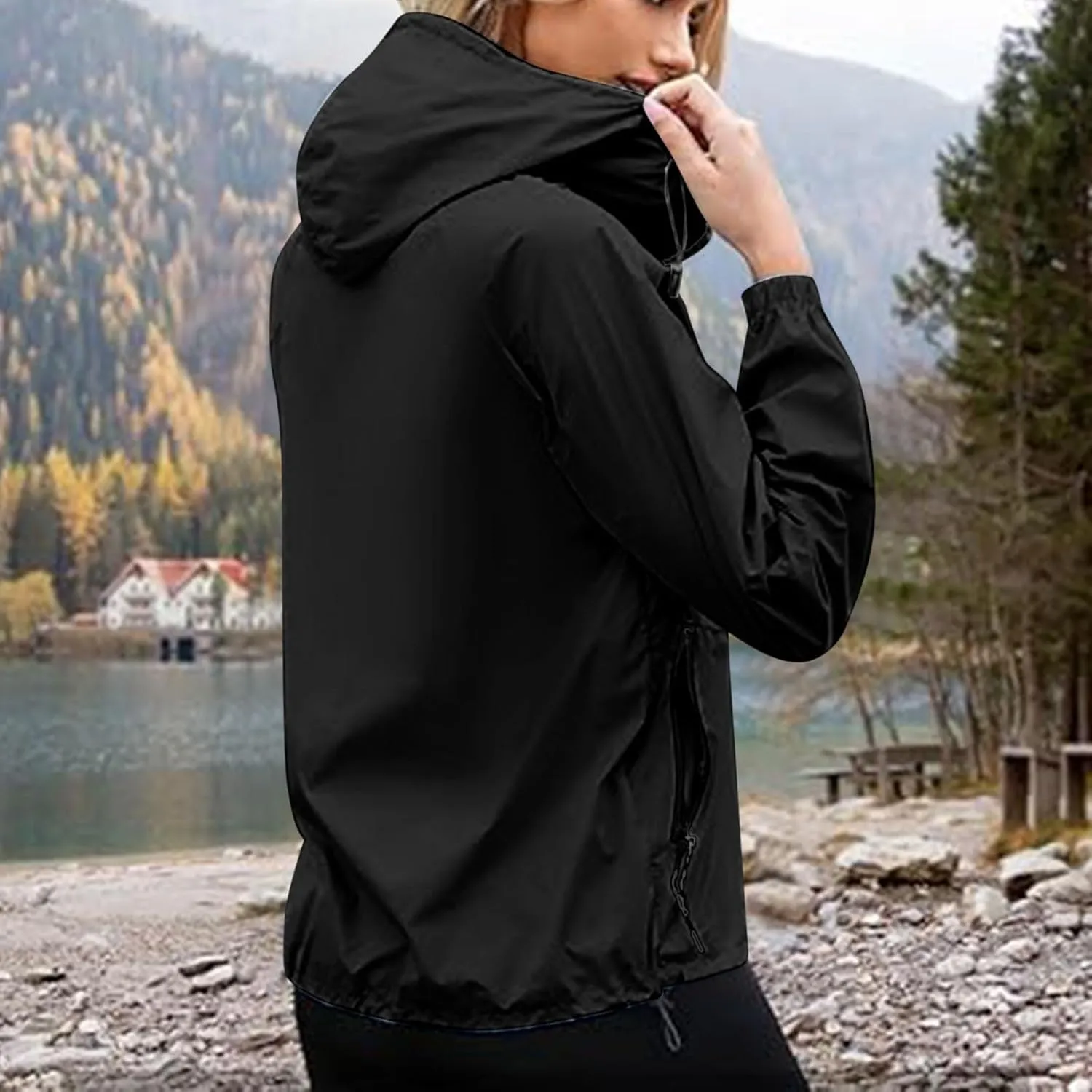 Sinzelimin Women Rain Jacket Lightweight Zip up Long Sleeves Hooded Windbreaker Jackets Raincoat with Pockets and Storage Bag
