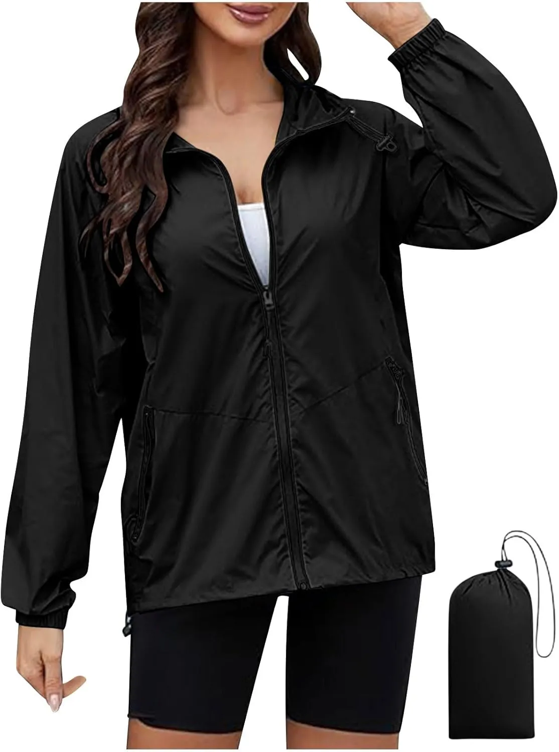 Sinzelimin Women Rain Jacket Lightweight Zip up Long Sleeves Hooded Windbreaker Jackets Raincoat with Pockets and Storage Bag