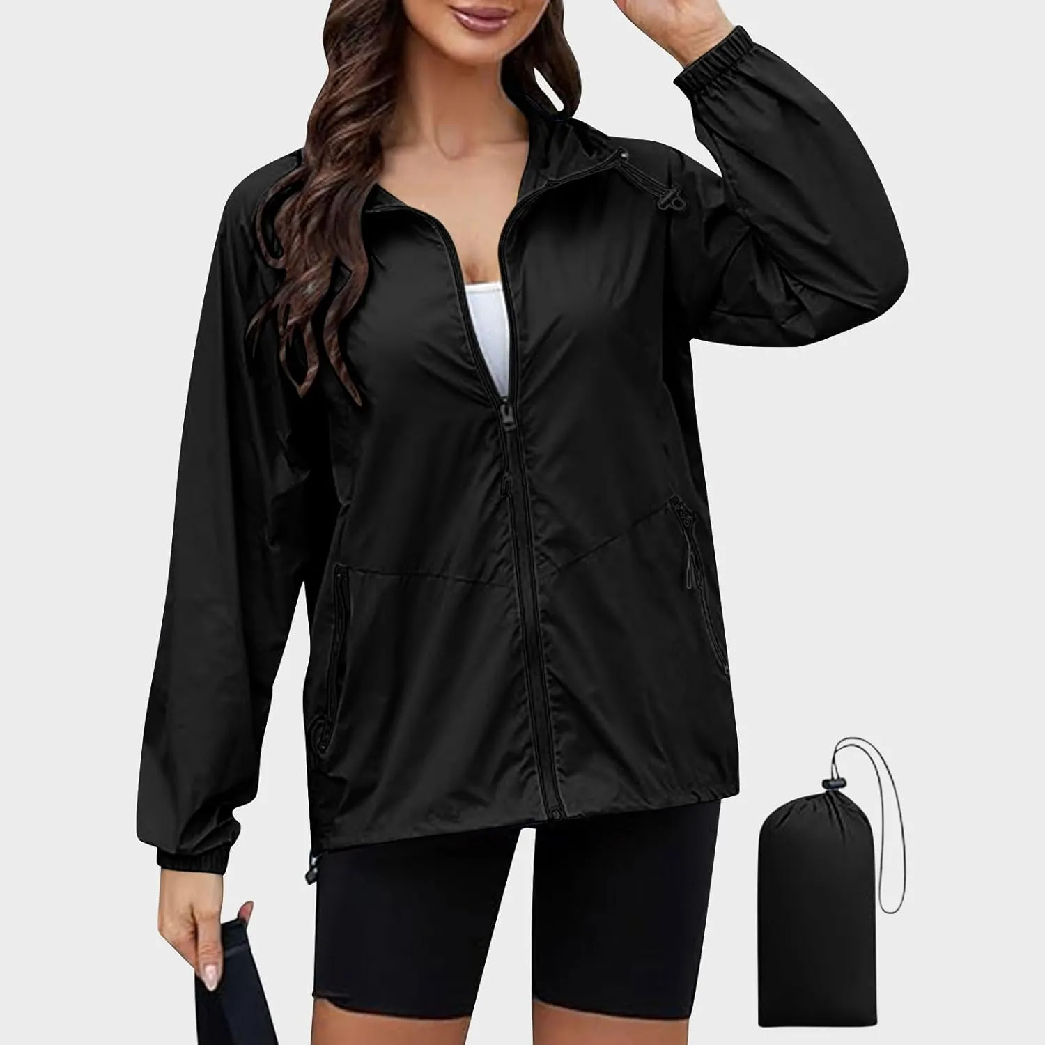 Sinzelimin Women Rain Jacket Lightweight Zip up Long Sleeves Hooded Windbreaker Jackets Raincoat with Pockets and Storage Bag