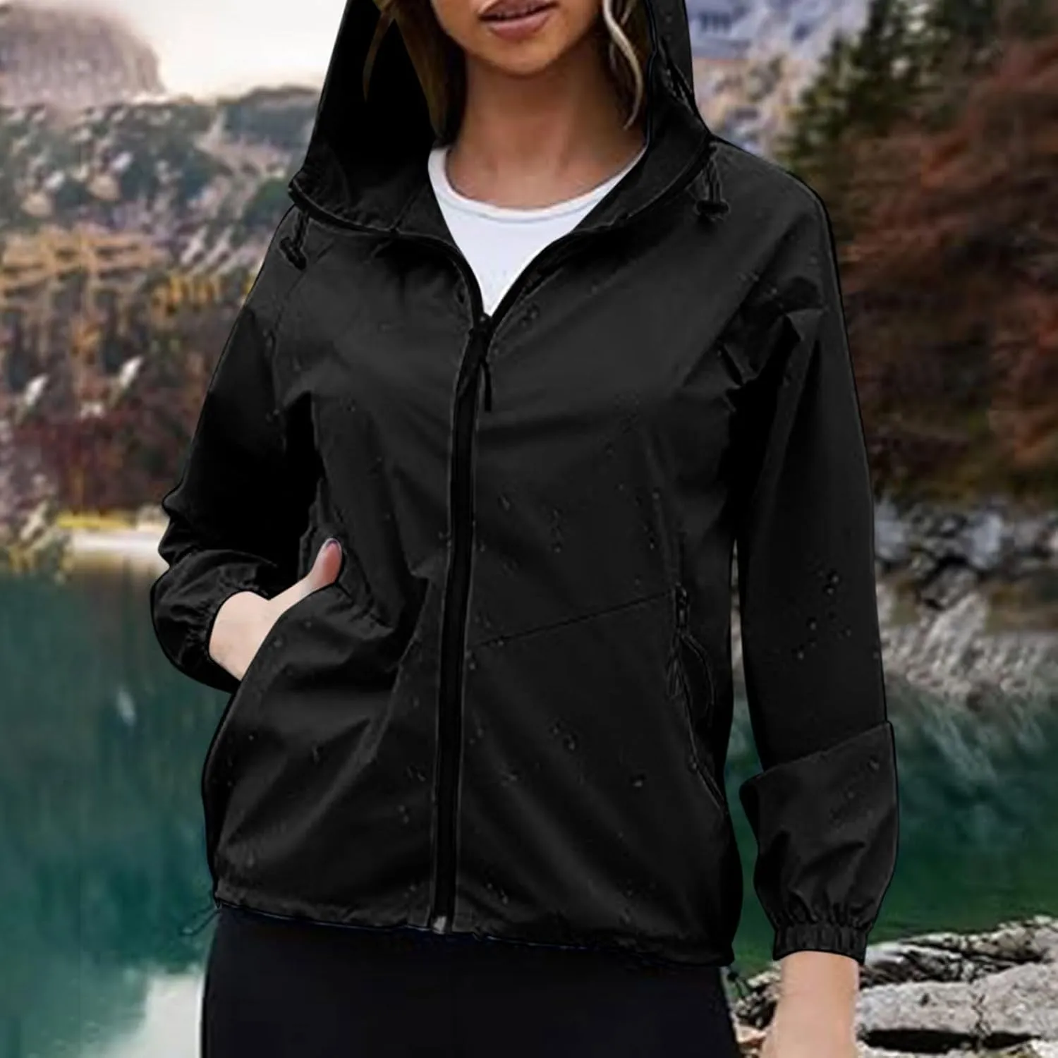 Sinzelimin Women Rain Jacket Lightweight Zip up Long Sleeves Hooded Windbreaker Jackets Raincoat with Pockets and Storage Bag