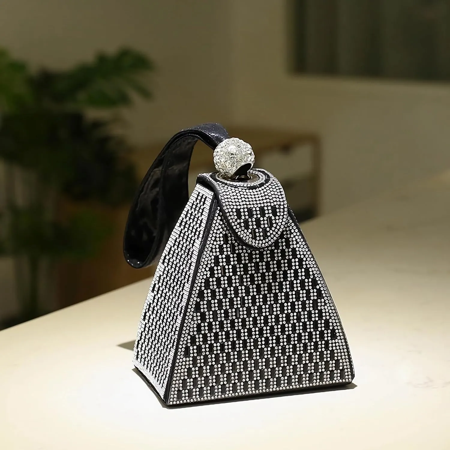 Small Rhinestone Clutch Purse for Womem Sparkly Glitter Triangle Evening Bag Wristlet Handbag