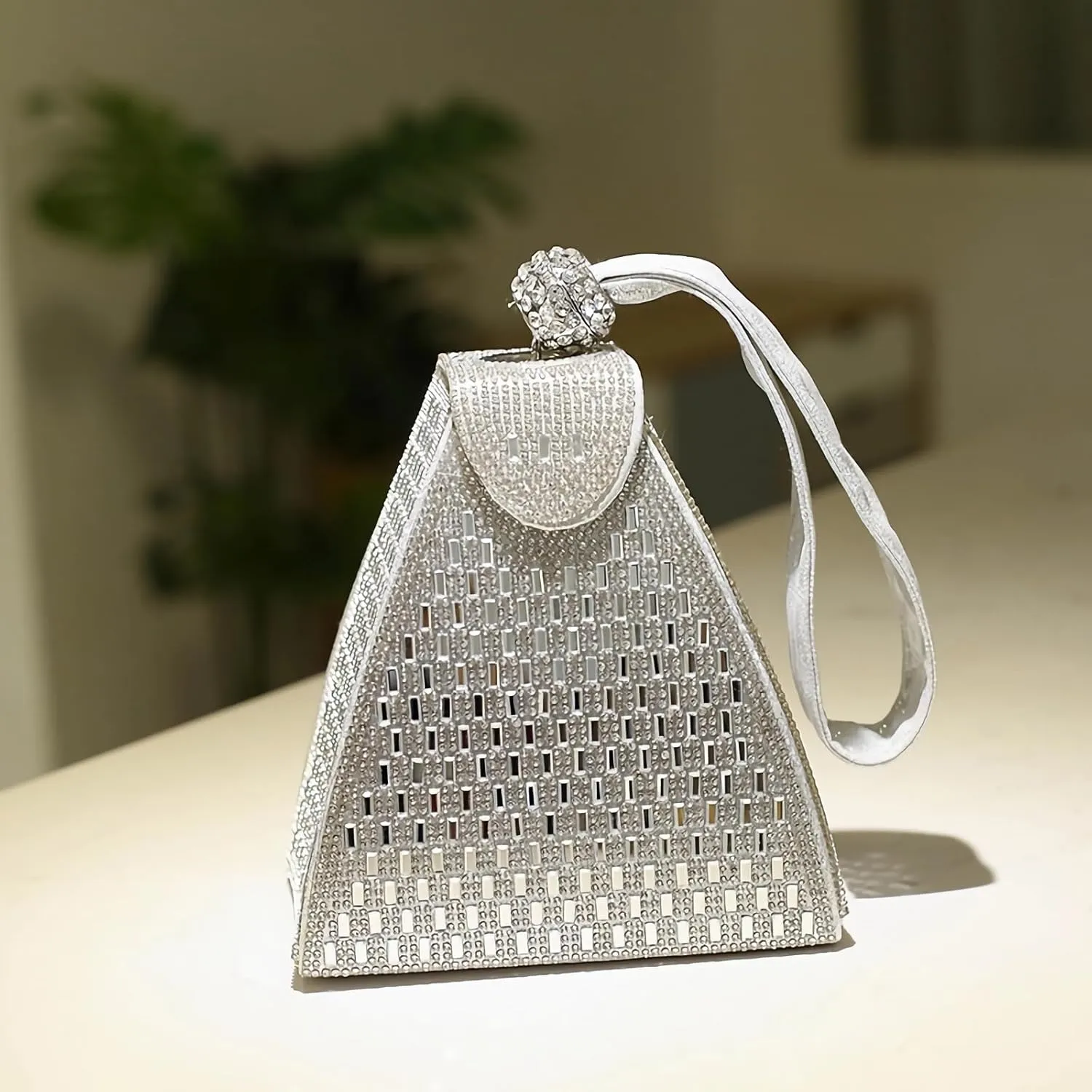 Small Rhinestone Clutch Purse for Womem Sparkly Glitter Triangle Evening Bag Wristlet Handbag