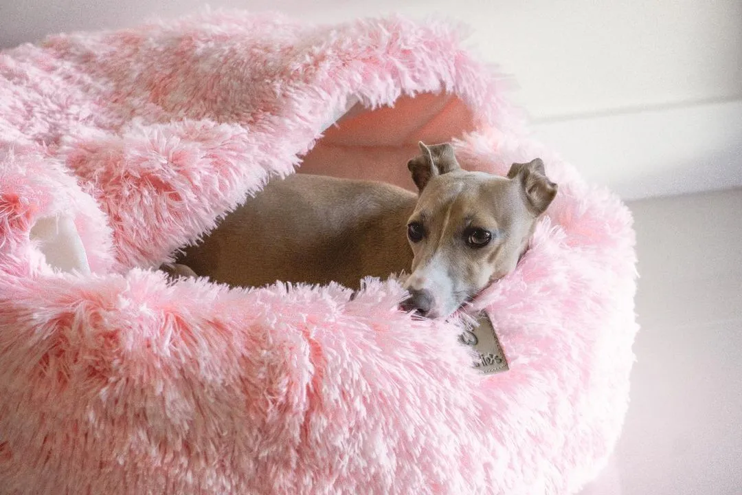 Snookie Hooded Pet Bed in Faux Fur - Ombre Pink
