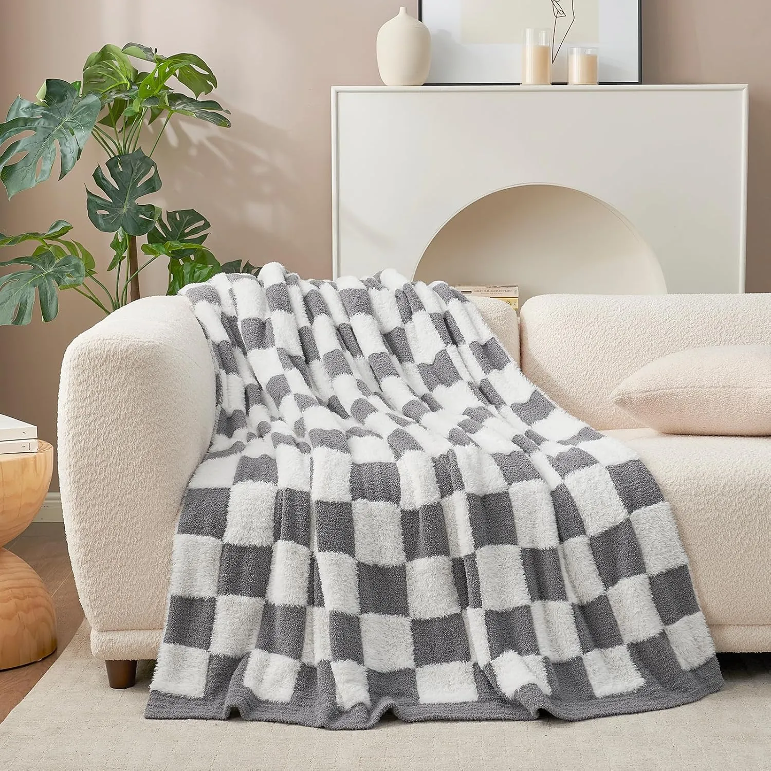 Snuggle Sac Faux Fur Throw Blanket for Couch, Cozy Soft Warm Blankets for Sofa Bedroom Living Room,Grey Checker,50x60 inches