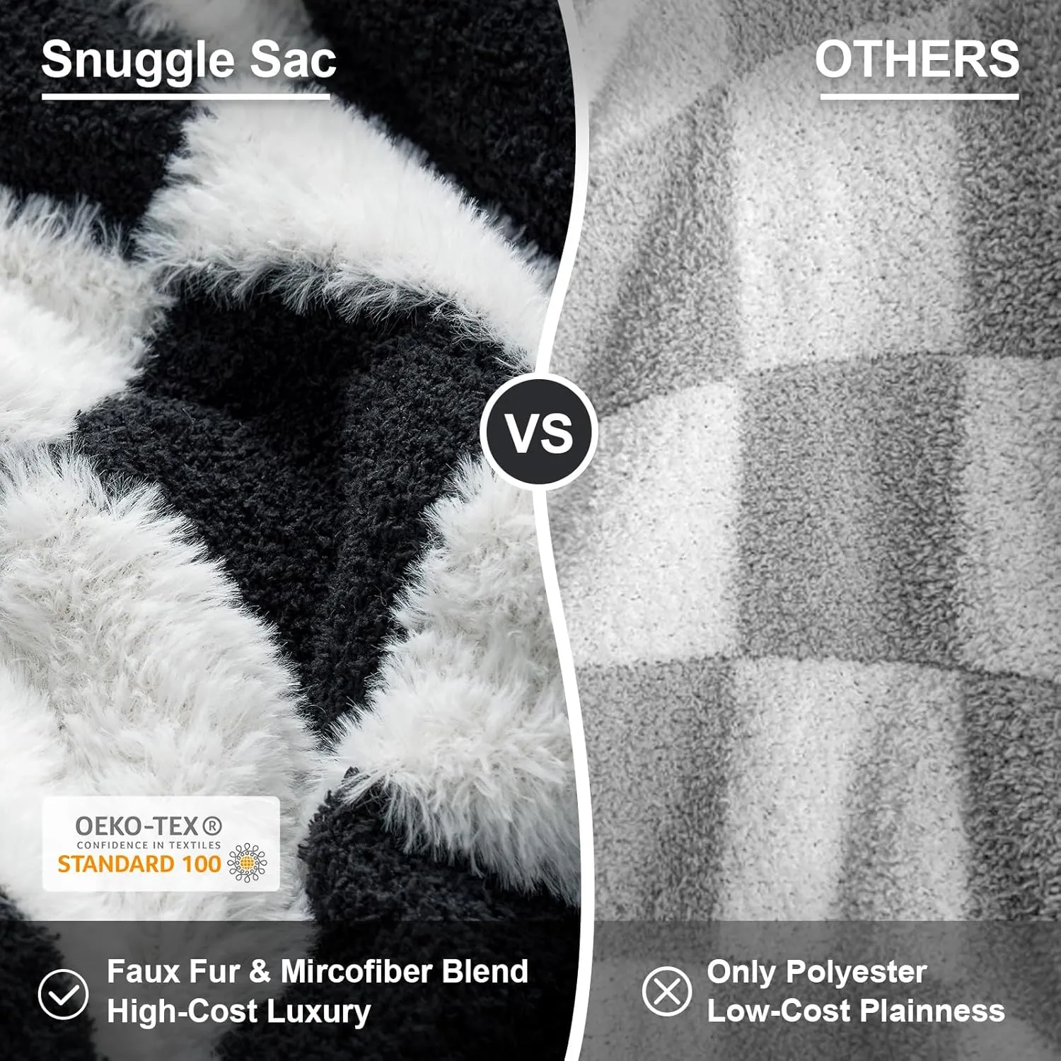 Snuggle Sac Faux Fur Throw Blanket for Couch,Black Checker Blanket, Cozy Soft Warm Blankets for Sofa, Bedroom, Living Room, Black Checker,50x60 inches