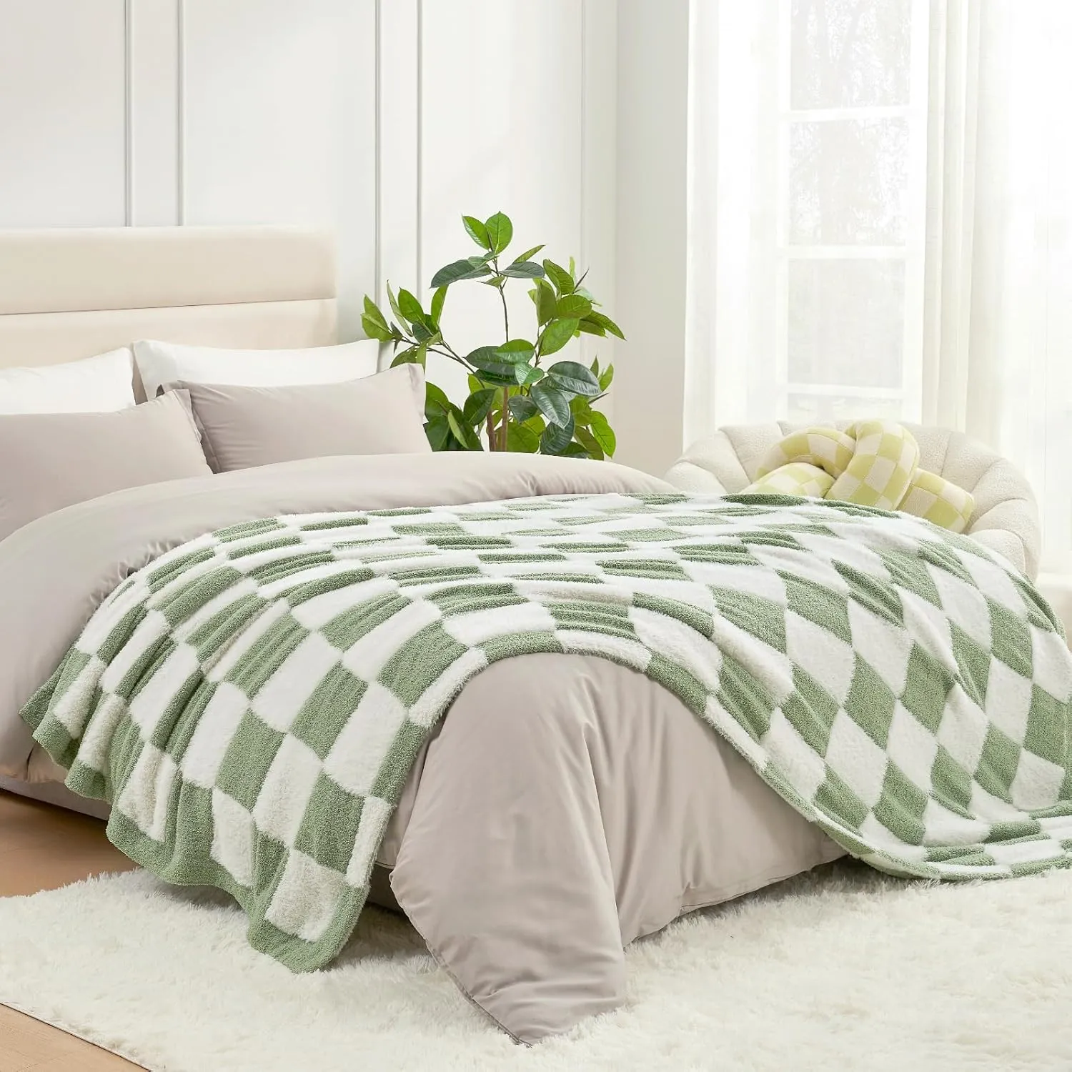 Snuggle Sac Sage Green Checkered Throw Blanket Faux Fur Knitted with Microfiber Yarn, Cozy Soft Warm Spring Blankets for Couch,Sofa,Bedroom,Sage Green Checker,50x60 inches
