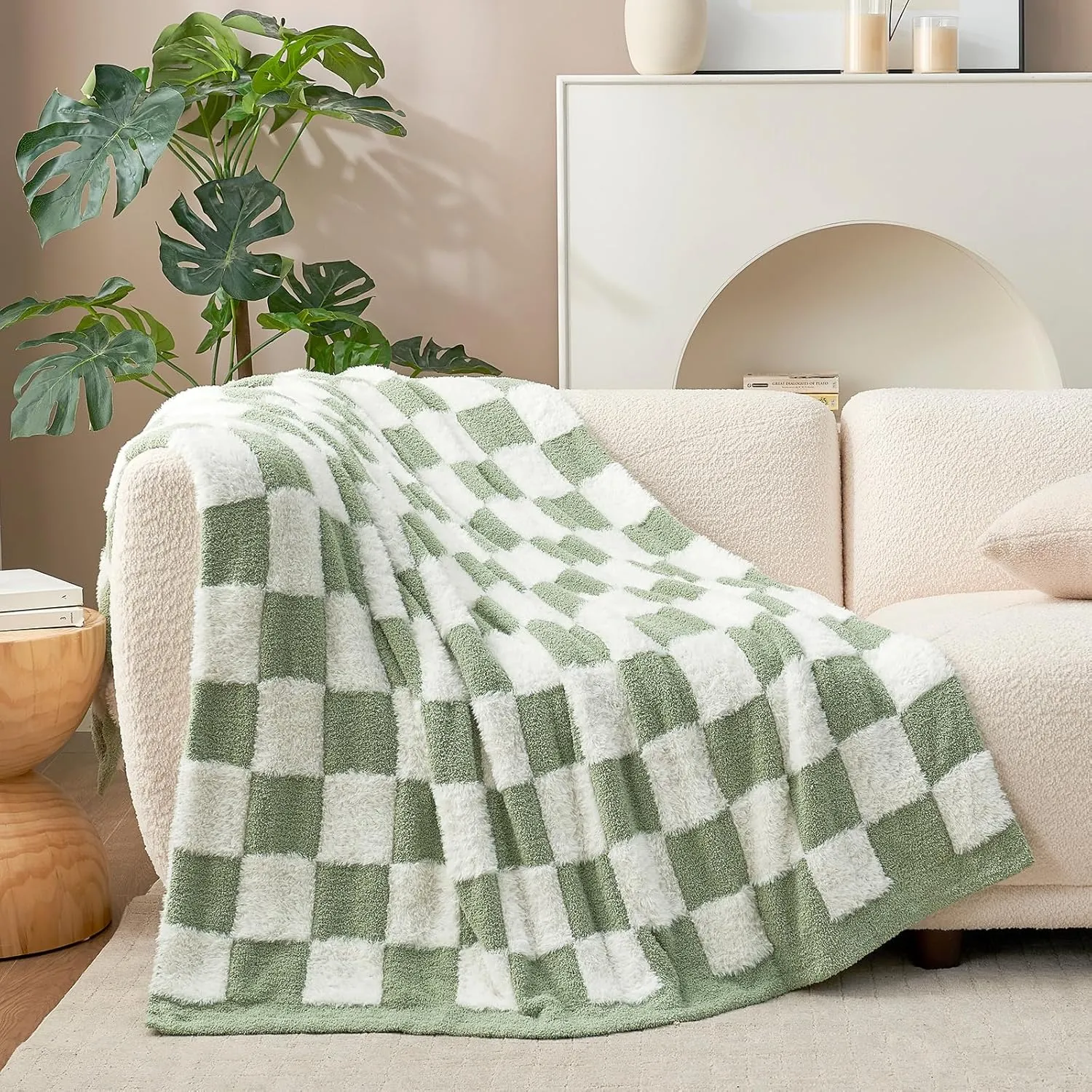 Snuggle Sac Sage Green Checkered Throw Blanket Faux Fur Knitted with Microfiber Yarn, Cozy Soft Warm Spring Blankets for Couch,Sofa,Bedroom,Sage Green Checker,50x60 inches