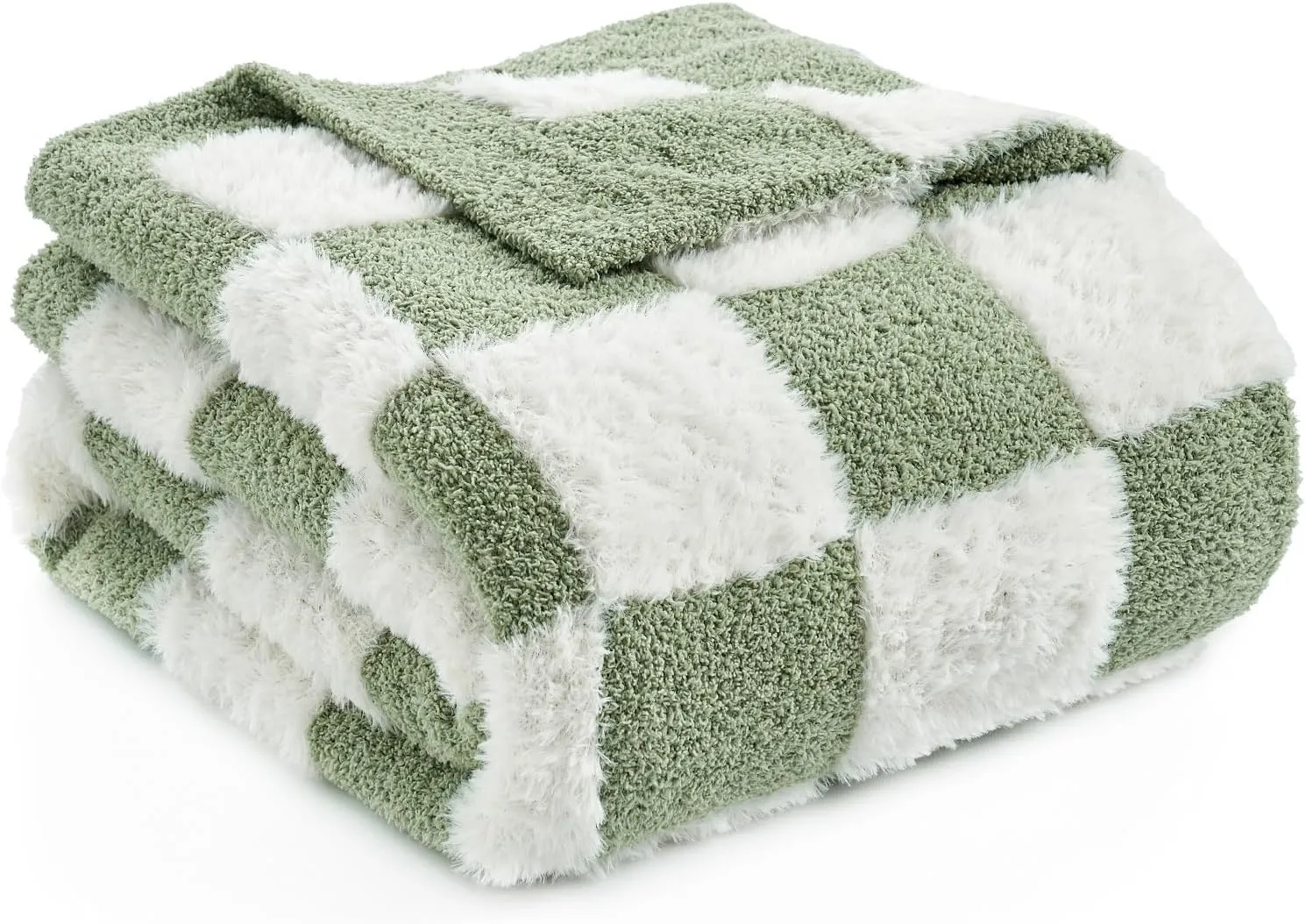 Snuggle Sac Sage Green Checkered Throw Blanket Faux Fur Knitted with Microfiber Yarn, Cozy Soft Warm Spring Blankets for Couch,Sofa,Bedroom,Sage Green Checker,50x60 inches