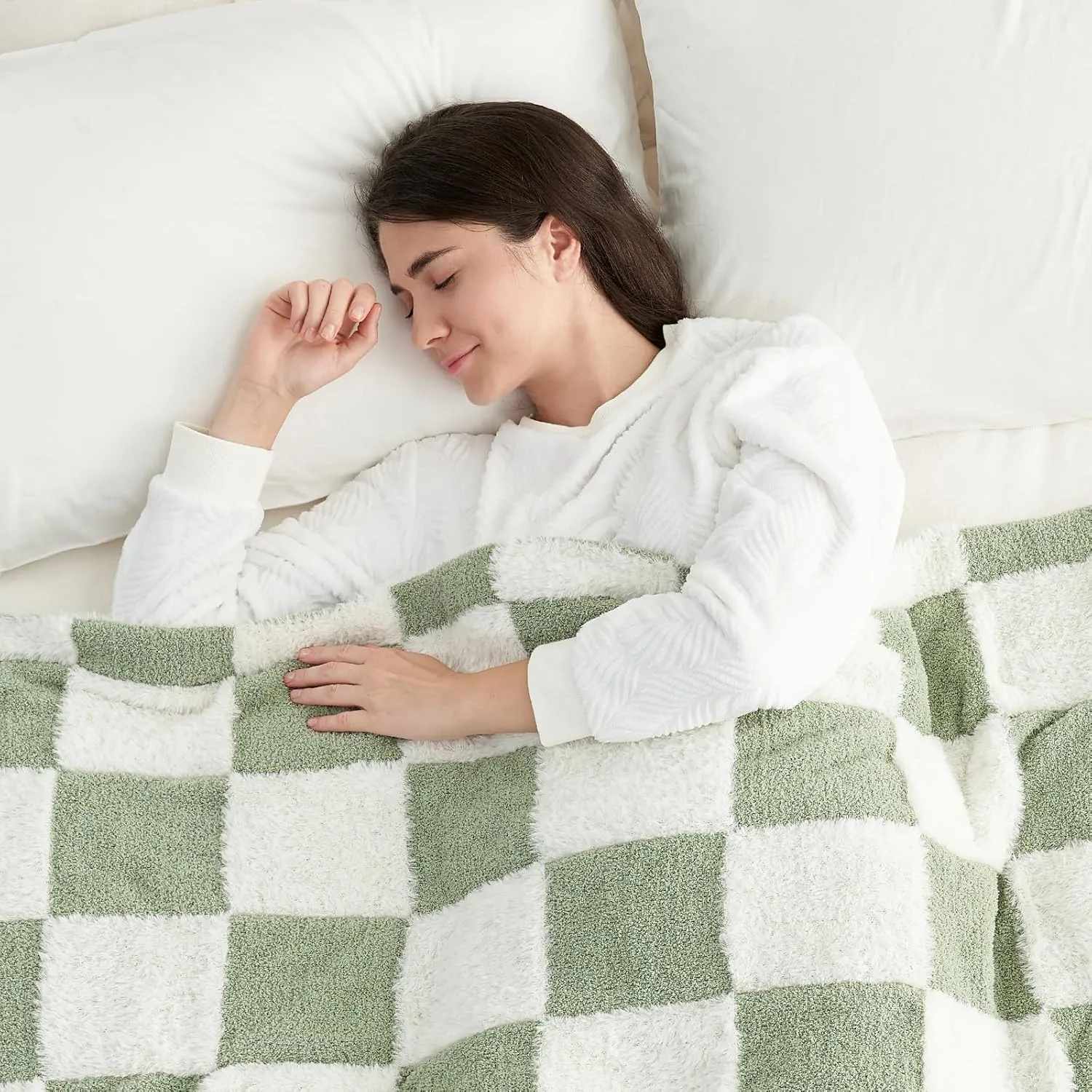 Snuggle Sac Sage Green Checkered Throw Blanket Faux Fur Knitted with Microfiber Yarn, Cozy Soft Warm Spring Blankets for Couch,Sofa,Bedroom,Sage Green Checker,50x60 inches