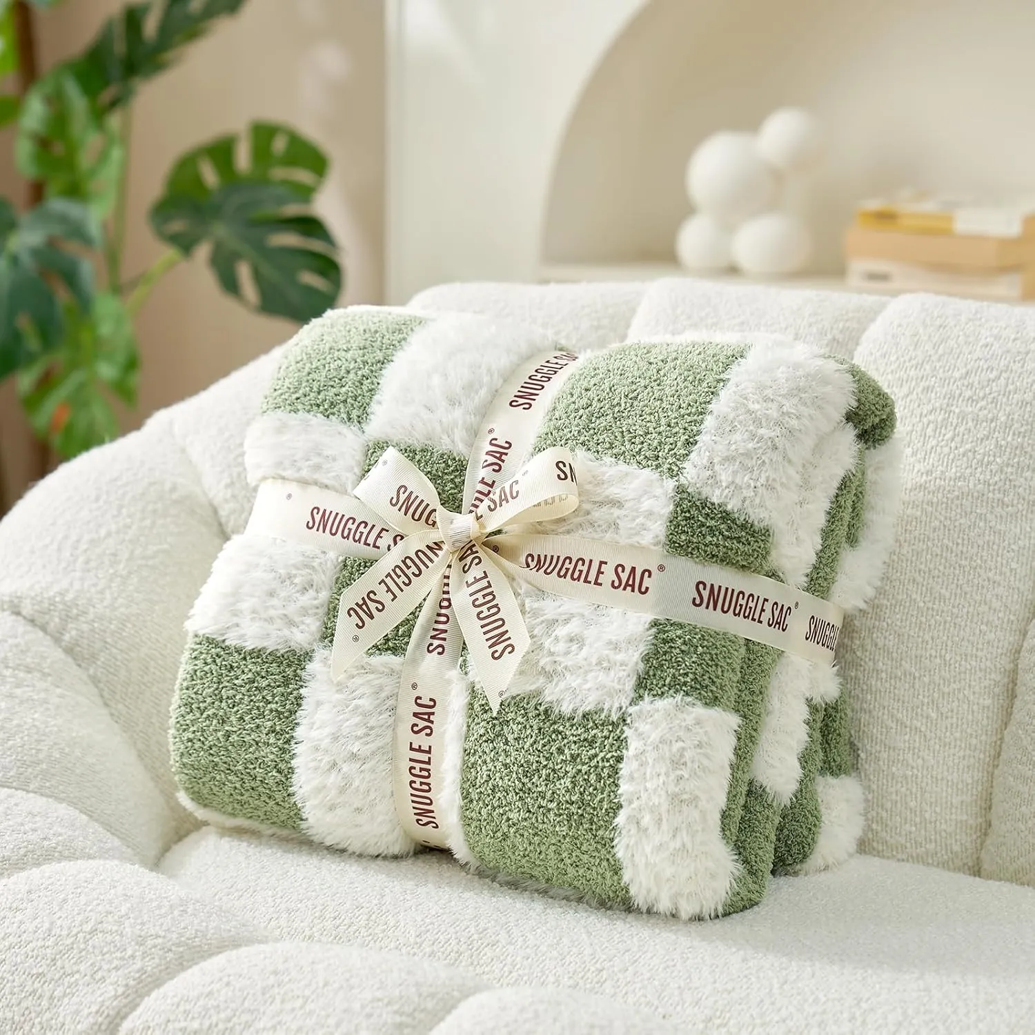 Snuggle Sac Sage Green Checkered Throw Blanket Faux Fur Knitted with Microfiber Yarn, Cozy Soft Warm Spring Blankets for Couch,Sofa,Bedroom,Sage Green Checker,50x60 inches