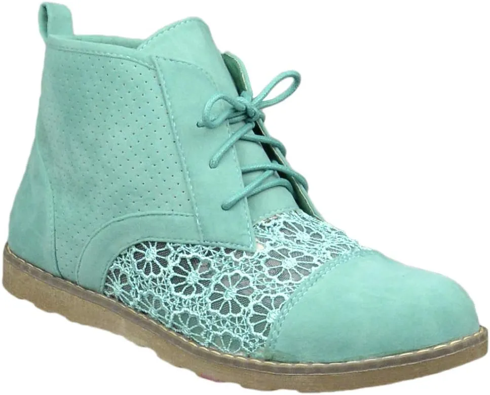 SOBEYO Women's Flat Booties Embroidered Flower Lace Up Oxford