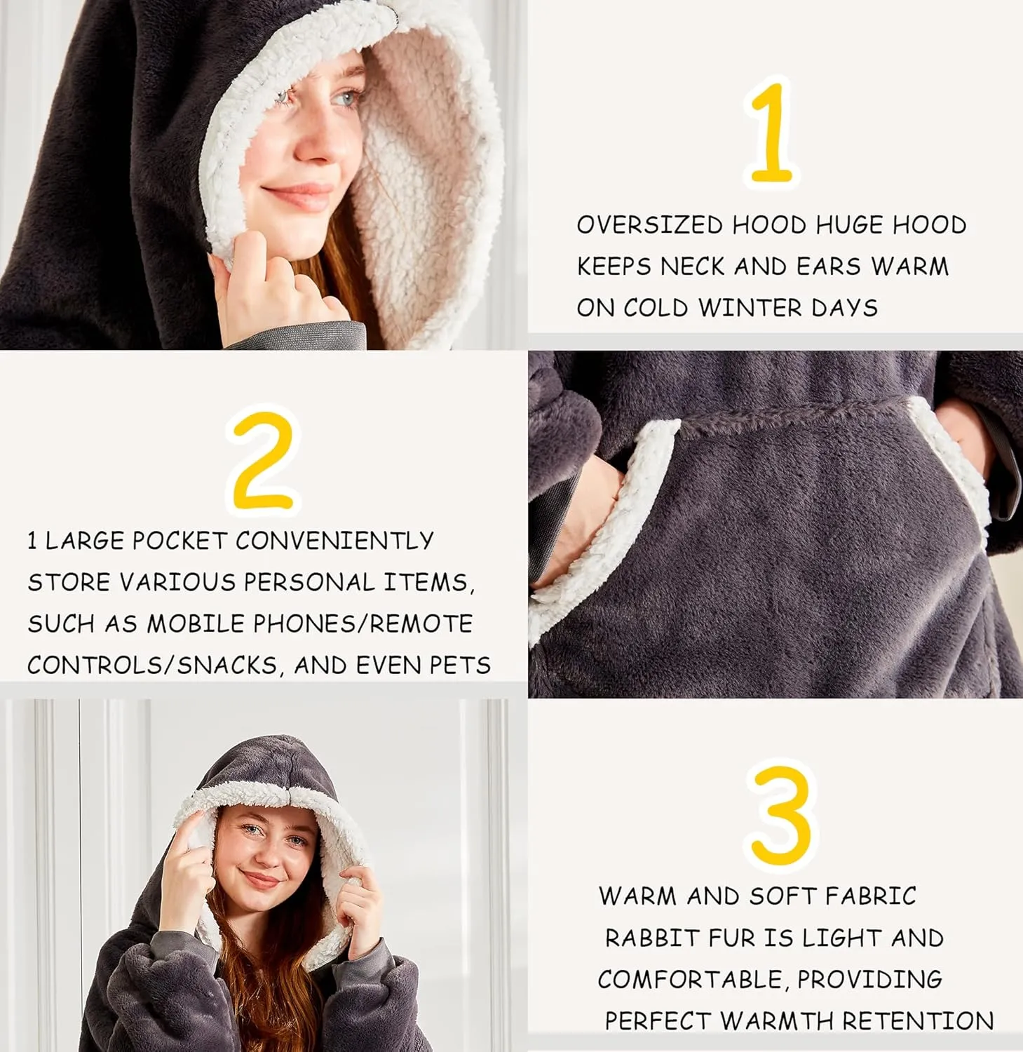 Soft Cozy Wearable Blanket – Birthday Gift for Women and Men, Oversized Warm Fuzzy Sherpa Fleece Hoodie Blanket Sweatshirt for Adults with Giant Pocket | One Size Fits Most, Grey
