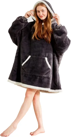 Soft Cozy Wearable Blanket – Birthday Gift for Women and Men, Oversized Warm Fuzzy Sherpa Fleece Hoodie Blanket Sweatshirt for Adults with Giant Pocket | One Size Fits Most, Grey