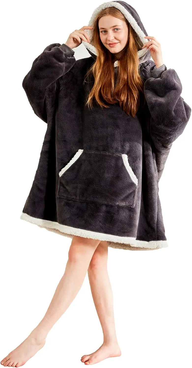 Soft Cozy Wearable Blanket – Birthday Gift for Women and Men, Oversized Warm Fuzzy Sherpa Fleece Hoodie Blanket Sweatshirt for Adults with Giant Pocket | One Size Fits Most, Grey