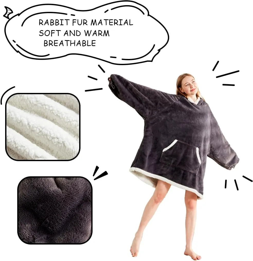 Soft Cozy Wearable Blanket – Birthday Gift for Women and Men, Oversized Warm Fuzzy Sherpa Fleece Hoodie Blanket Sweatshirt for Adults with Giant Pocket | One Size Fits Most, Grey