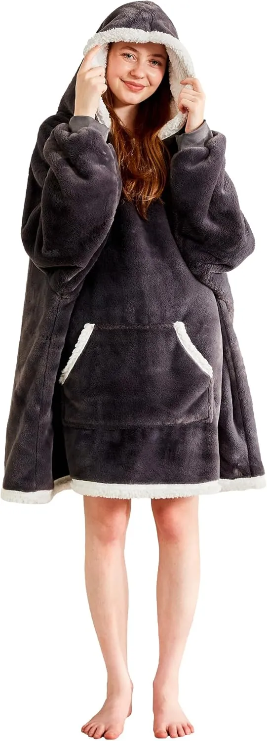 Soft Cozy Wearable Blanket – Birthday Gift for Women and Men, Oversized Warm Fuzzy Sherpa Fleece Hoodie Blanket Sweatshirt for Adults with Giant Pocket | One Size Fits Most, Grey