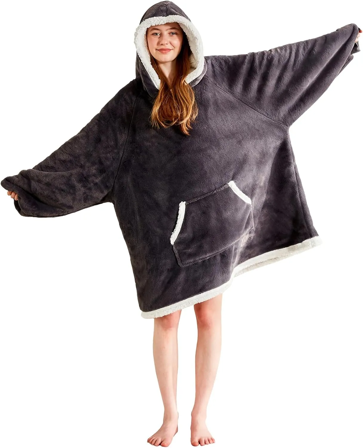 Soft Cozy Wearable Blanket – Birthday Gift for Women and Men, Oversized Warm Fuzzy Sherpa Fleece Hoodie Blanket Sweatshirt for Adults with Giant Pocket | One Size Fits Most, Grey
