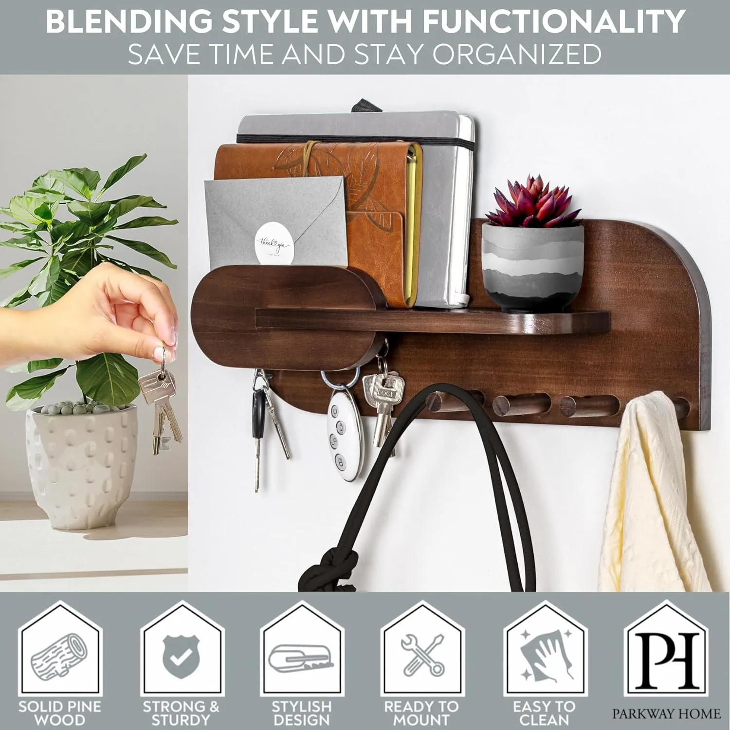 Solid Wood Mail and Key Holder for Wall Decorative Display - Includes Mail Holder, Shelf with Hooks for Keys & Pegs for Hanging Hats, Coats, Bags, Backpacks & More - Sleek Modern Design, Walnut Brown