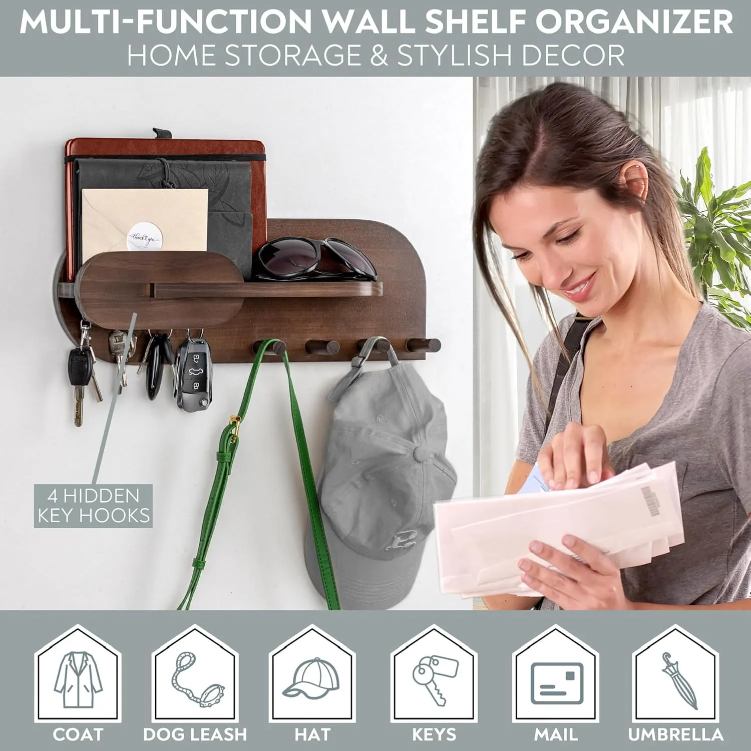 Solid Wood Mail and Key Holder for Wall Decorative Display - Includes Mail Holder, Shelf with Hooks for Keys & Pegs for Hanging Hats, Coats, Bags, Backpacks & More - Sleek Modern Design, Walnut Brown