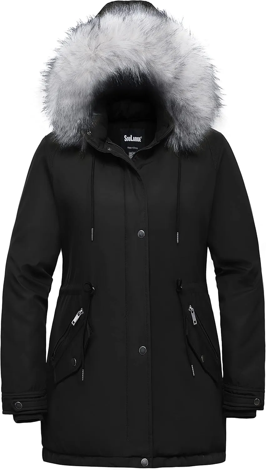 Soularge Women's Plus Size Winter Insulated Parka Coat with Faux Fur Hood