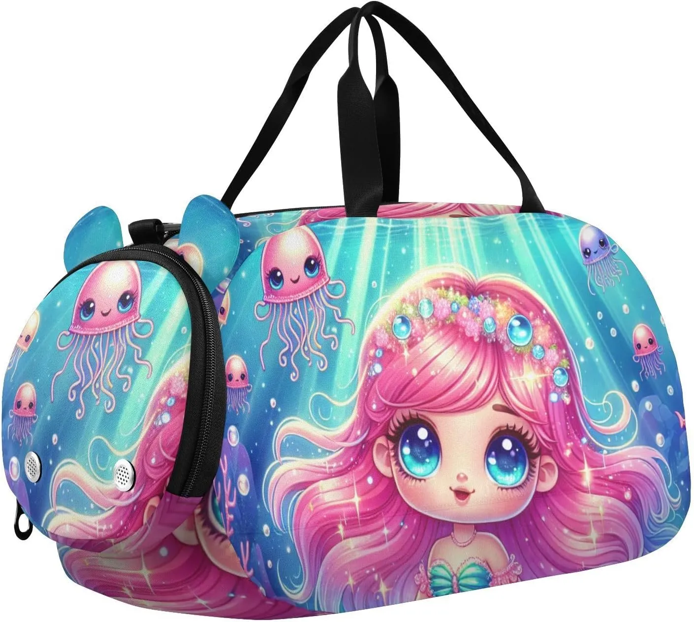 Sparkly Mermaid Duffle Bag for Girl, Sports Duffle Gym Bags with Shoe Compartment, Personalized Overnight Bag Travel Weekender for Kids