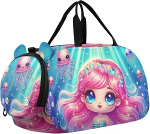 Sparkly Mermaid Duffle Bag for Girl, Sports Duffle Gym Bags with Shoe Compartment, Personalized Overnight Bag Travel Weekender for Kids