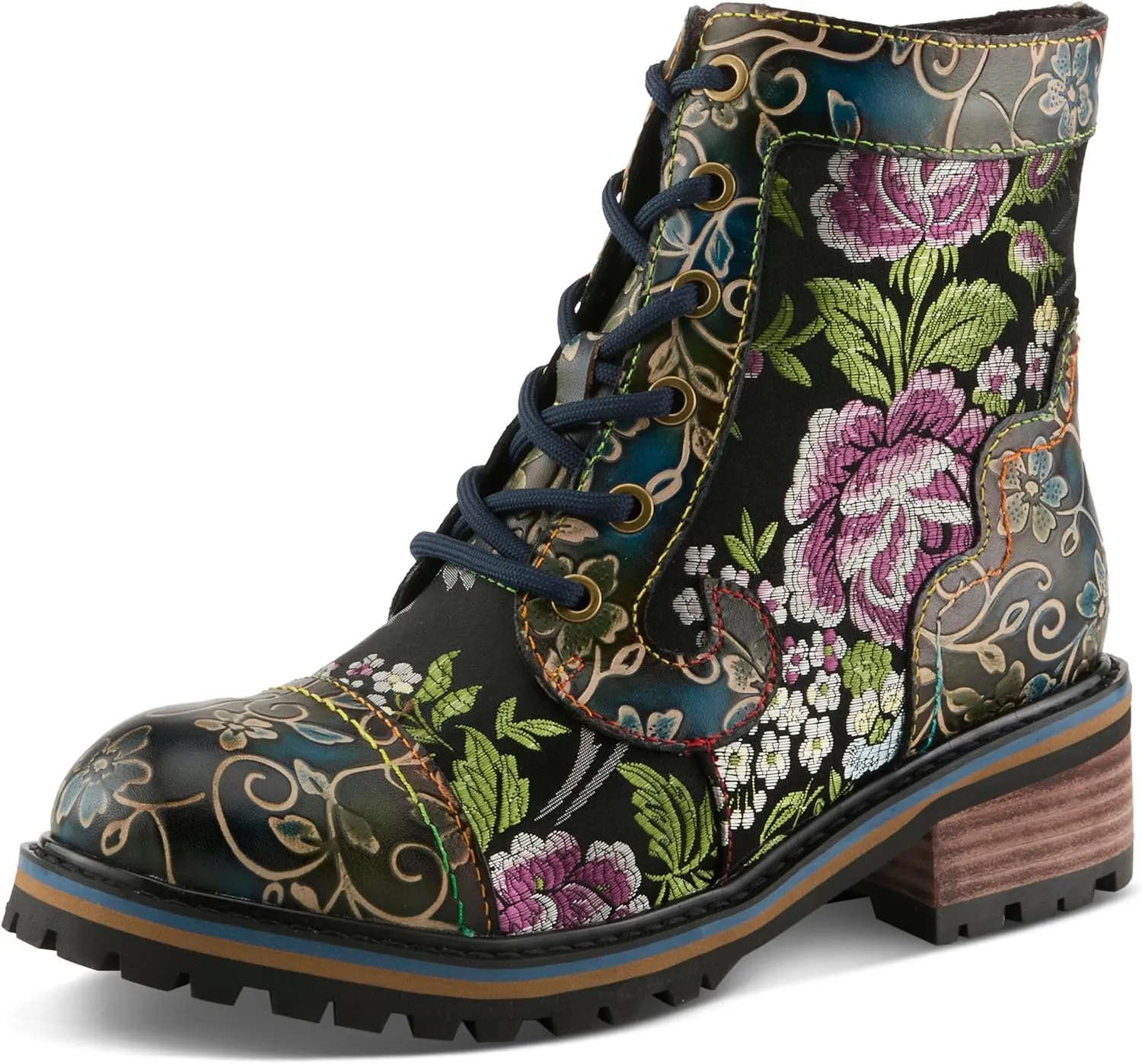 Spring Step L'Artiste Fantastic Booties for Women - Floral Hand Painted Womens Ankle Boots Low Heel - Everyday Wear Leather and Textile Western Booties