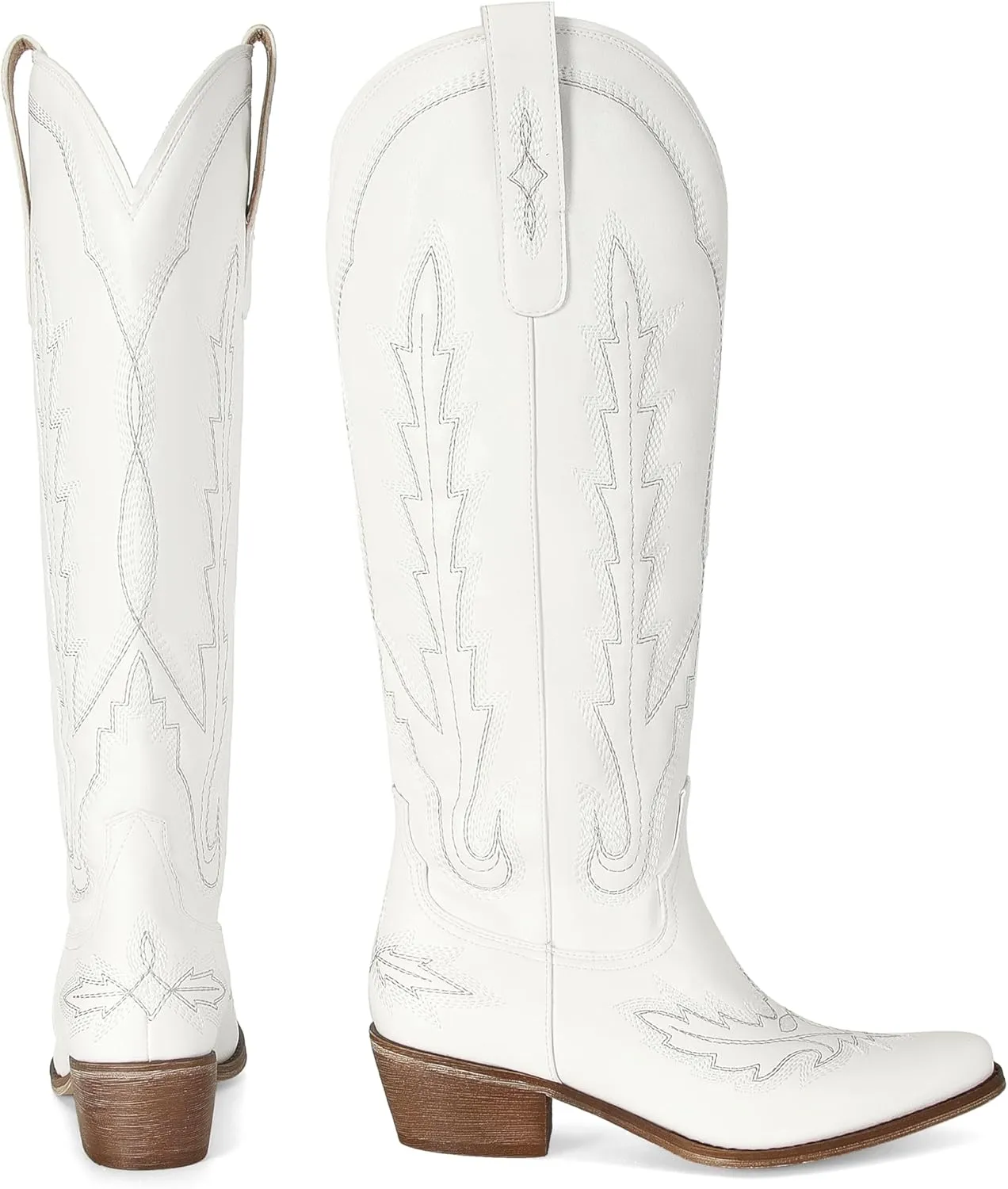 STALOV Cowboy Boots for Women,Western Pointed Toe Chunky Heel Pull-On Knee High Cowgirl Boots Fashion Embroidered Tall