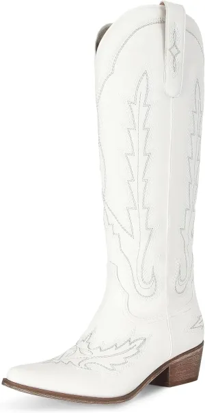 STALOV Cowboy Boots for Women,Western Pointed Toe Chunky Heel Pull-On Knee High Cowgirl Boots Fashion Embroidered Tall