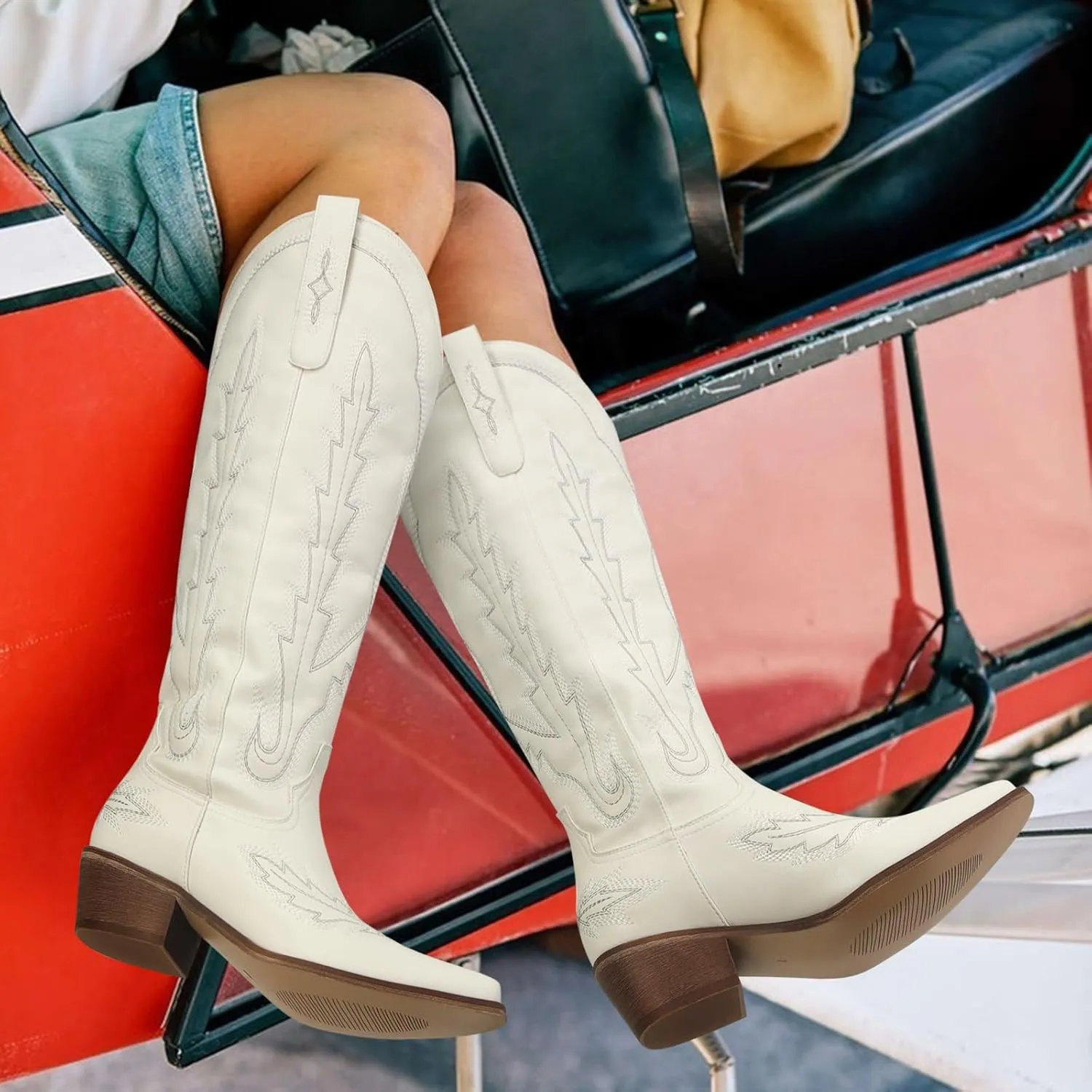 STALOV Cowboy Boots for Women,Western Pointed Toe Chunky Heel Pull-On Knee High Cowgirl Boots Fashion Embroidered Tall