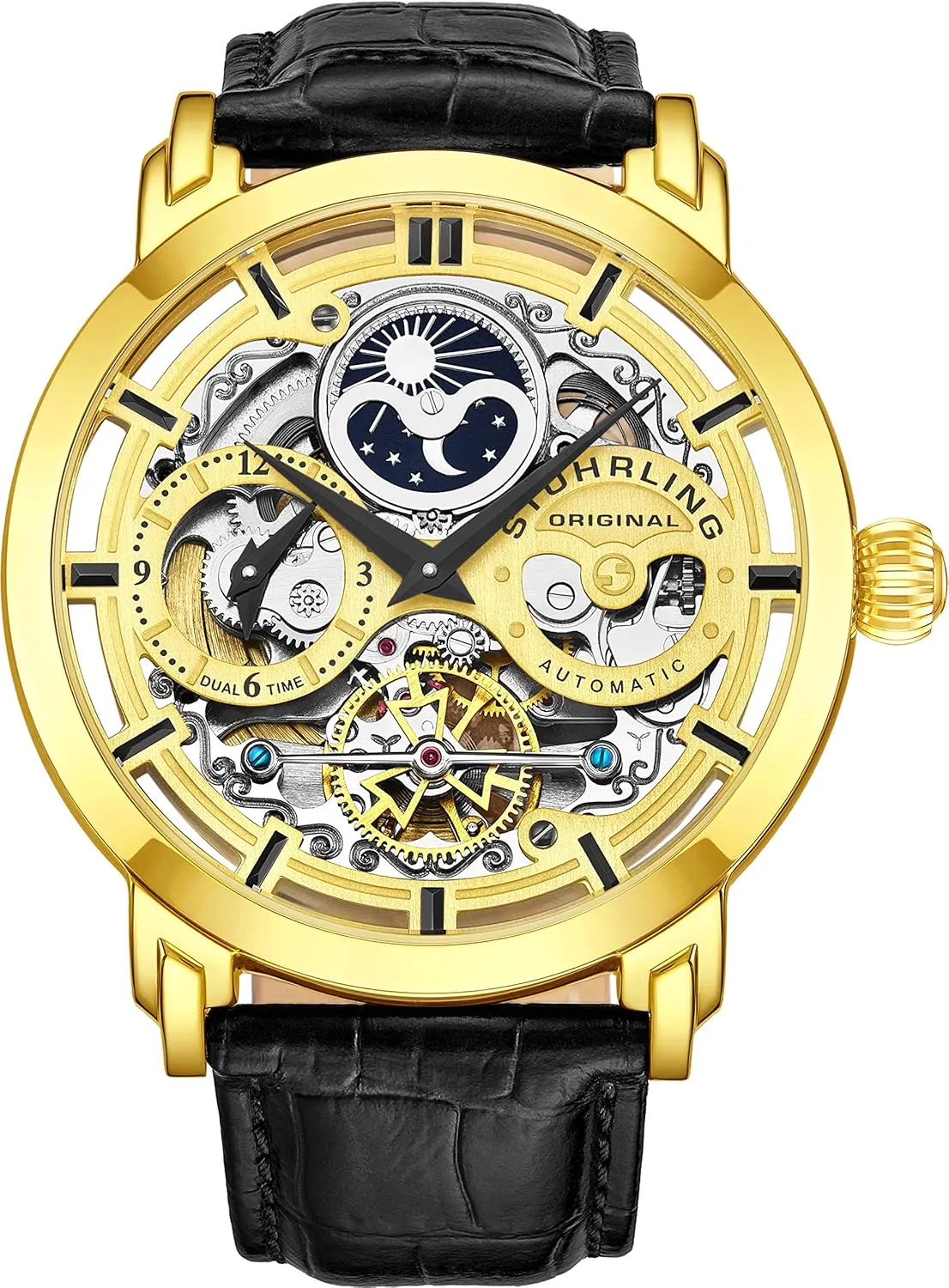Stuhrling Original Mens Automatic-Self-Wind Luxury Dress Skeleton Dual Time Gold-Tone Wrist-Watch 22 Jewels 47 mm Stainless Steel Case Decorative Exposed Back Embossed Supple Genuine Leather Strap