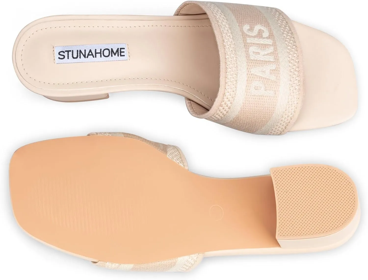 STUNAHOME Women's Heeled Sandals Low Block Chunky Heels Woven Embroidered Square Toe Slip on Heel Sandals Mules Comfortable Casual Summer Party Dress Shoes
