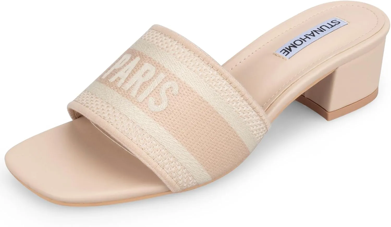 STUNAHOME Women's Heeled Sandals Low Block Chunky Heels Woven Embroidered Square Toe Slip on Heel Sandals Mules Comfortable Casual Summer Party Dress Shoes