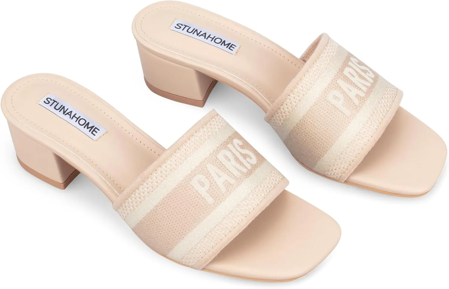 STUNAHOME Women's Heeled Sandals Low Block Chunky Heels Woven Embroidered Square Toe Slip on Heel Sandals Mules Comfortable Casual Summer Party Dress Shoes