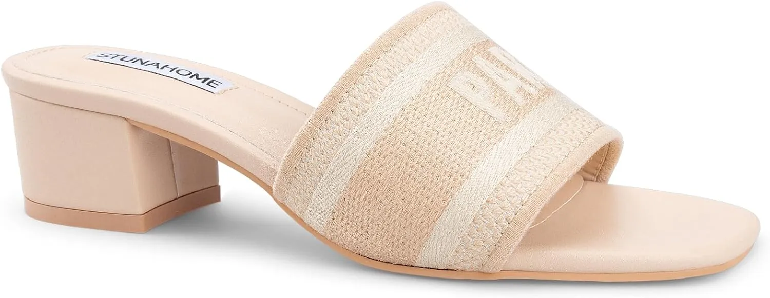 STUNAHOME Women's Heeled Sandals Low Block Chunky Heels Woven Embroidered Square Toe Slip on Heel Sandals Mules Comfortable Casual Summer Party Dress Shoes