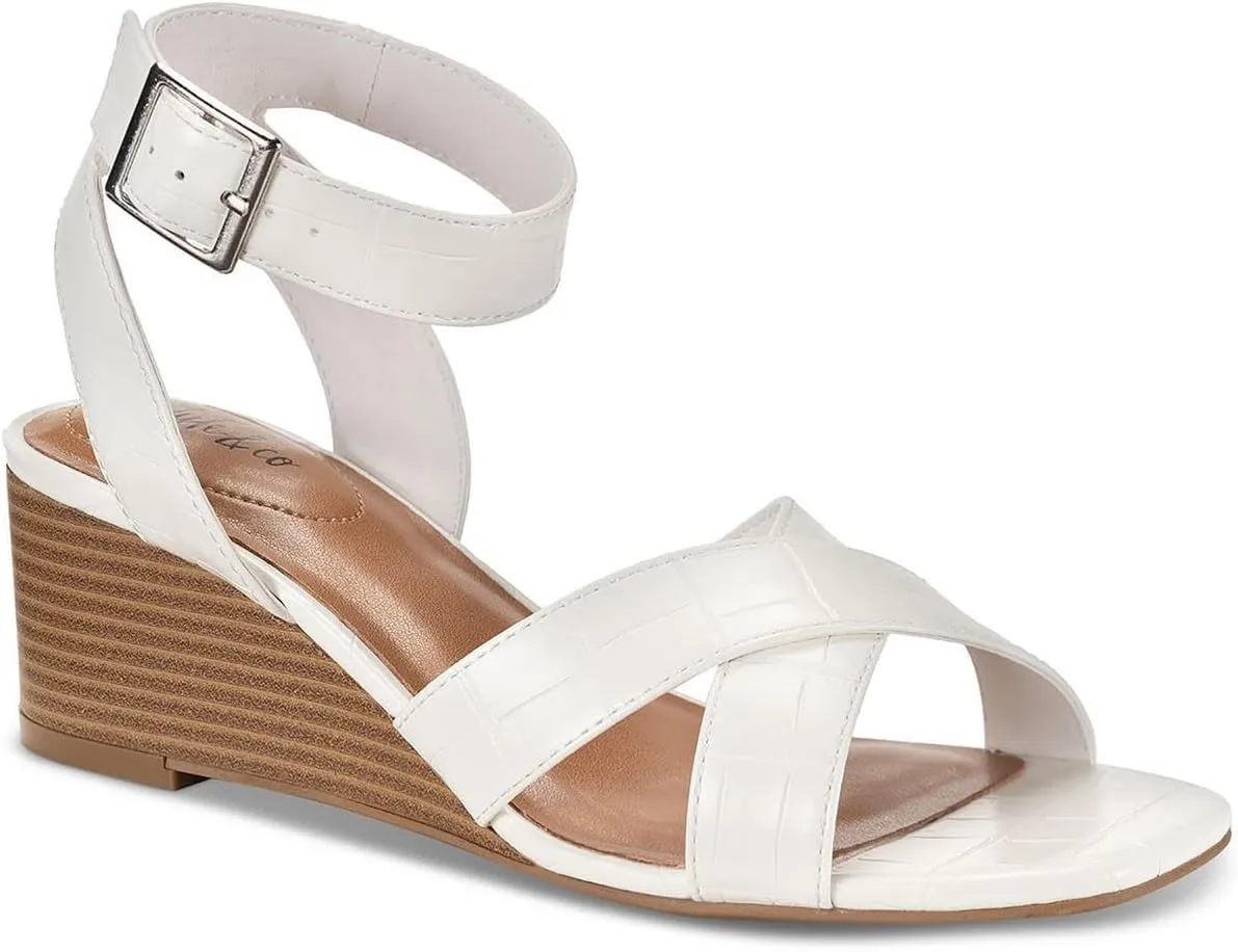 Style & Co. Womens Faux Leather Embossed Wedge Sandals White 6.5 Medium (B,M)