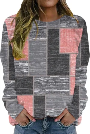 Stylish Patchwork Sweatshirt for Women Standard Fit Long Sleeve Crew Neck Pullover Striped Block Color Lightweight Blouse Top