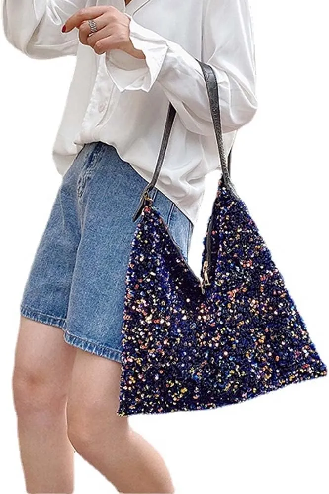 Stylish Sparkly Shoulder Tote Hobo Bag with Glitter for Women Girls Bling Casual Daily Shopping Bag Pouch