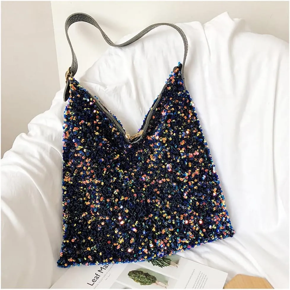 Stylish Sparkly Shoulder Tote Hobo Bag with Glitter for Women Girls Bling Casual Daily Shopping Bag Pouch