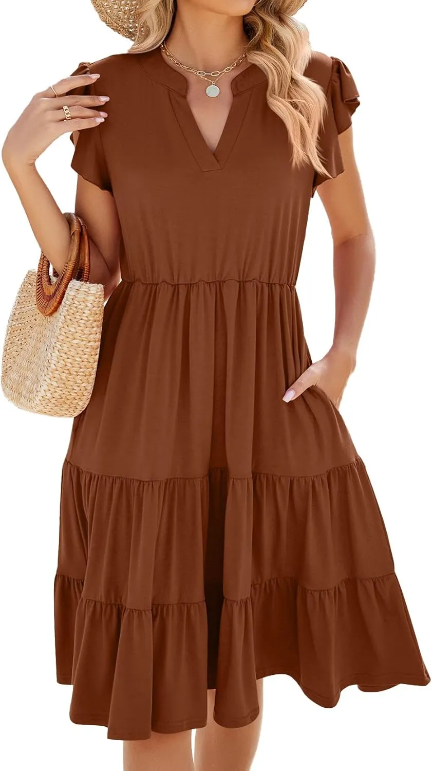 Summer Dress for Women, Solid Color V Neck Loose Short Sleeve Dresses, Stylish Casual Pleated Midi Dress