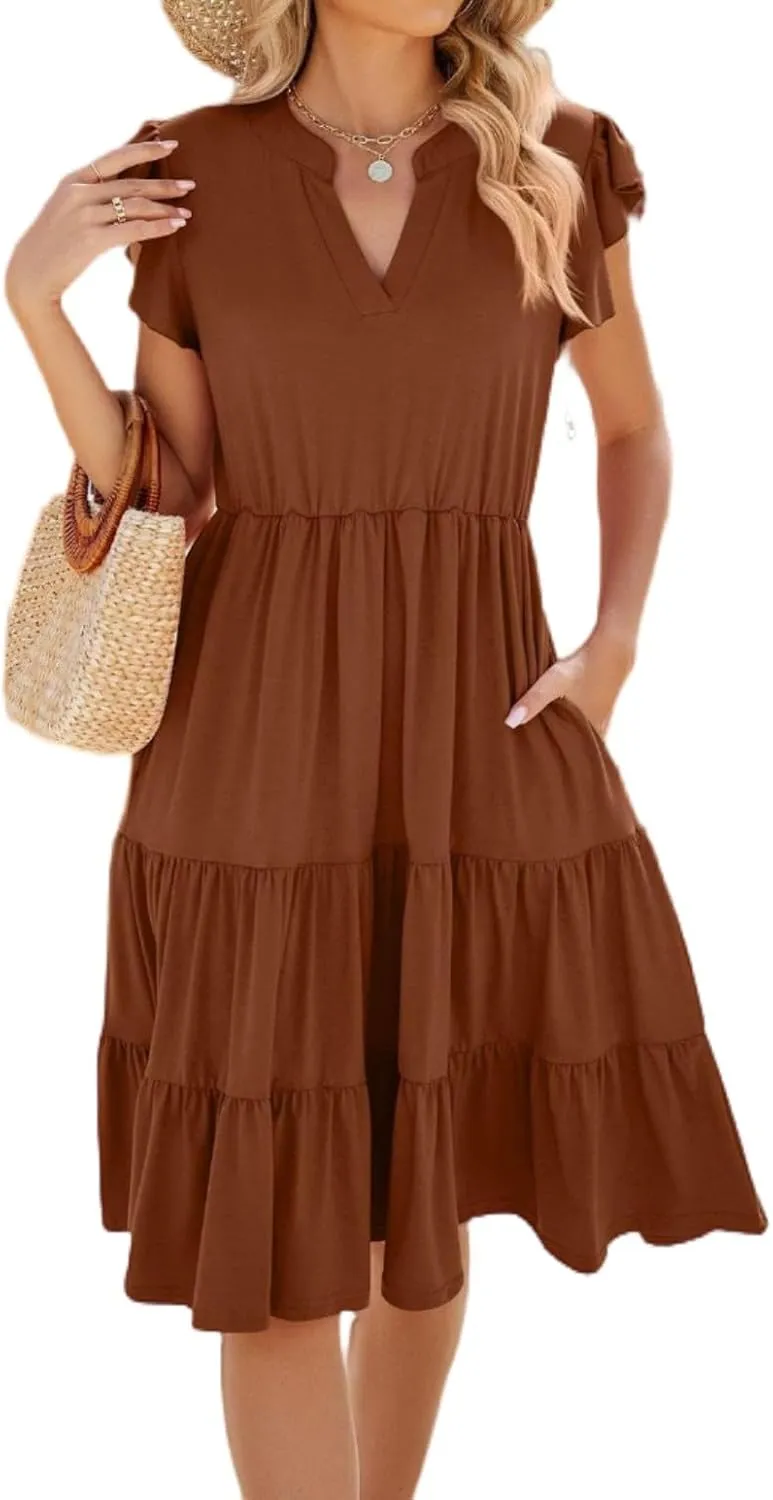 Summer Dress for Women, Solid Color V Neck Loose Short Sleeve Dresses, Stylish Casual Pleated Midi Dress