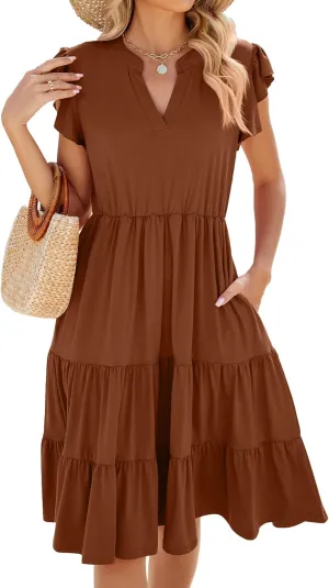 Summer Dress for Women, Solid Color V Neck Loose Short Sleeve Dresses, Stylish Casual Pleated Midi Dress