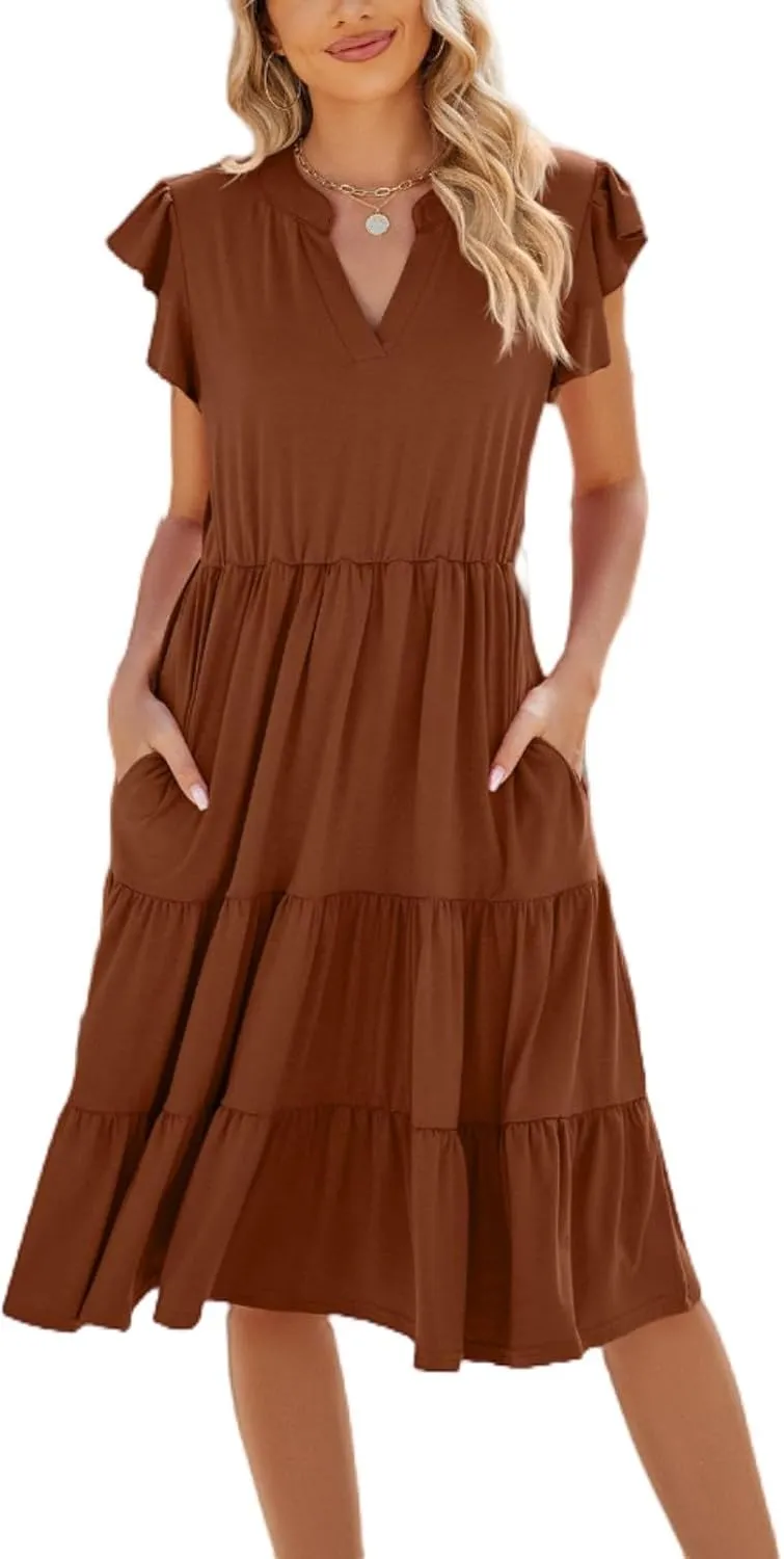 Summer Dress for Women, Solid Color V Neck Loose Short Sleeve Dresses, Stylish Casual Pleated Midi Dress