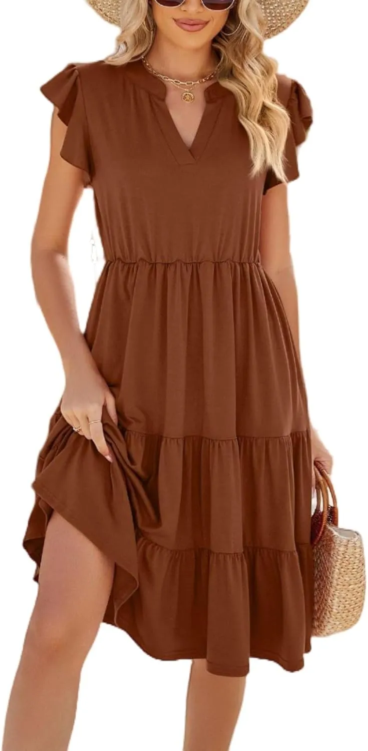 Summer Dress for Women, Solid Color V Neck Loose Short Sleeve Dresses, Stylish Casual Pleated Midi Dress